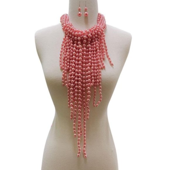 Jewelry - Salmon Pink Pearl Beaded Fringe Fashion Set
